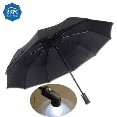 Auto 3 fold 10 ribs umbrella light led umbrella led sun umbrella handle with light torch