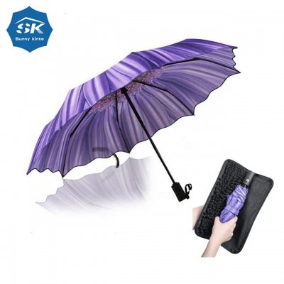 Custom good quality 3 folding umbrella with a drying bag